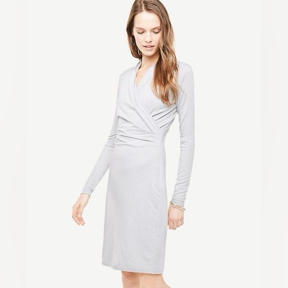 Ann Taylor Faux Wrap Knit Dress Light Grey 2 Long Sleeve Midi Vneck Wool Blend - Picture 1 of 10